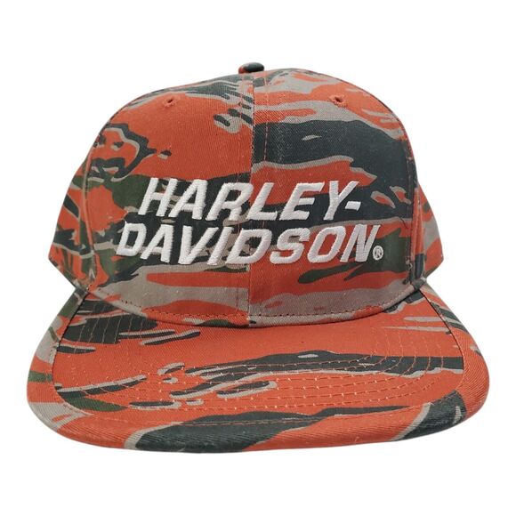 HARLEY DAVIDSON Hat Cap Adult Orange Camouflage Snapback Motorcycle Racing Biker - Picture 1 of 9